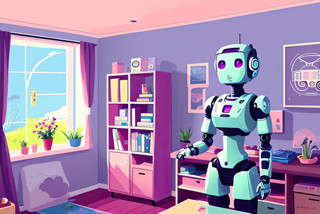 Anthropomorphic robot as a housewife indoor. AI-generated imageの素材