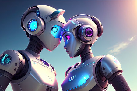 Couple of anthropomorphic robots. AI-generated imageの素材