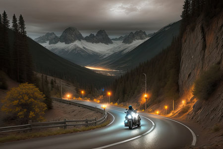 Riding motorcycle on dusk mountain road. AI-generated imageの素材