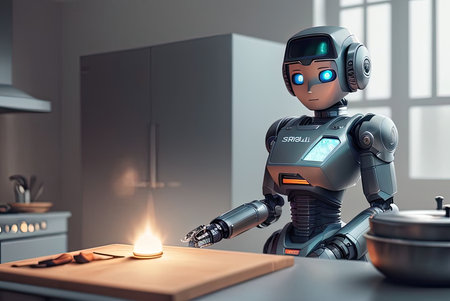 Housewife robogirl cooks dinner in the kitchen. Ai-generated imageの素材