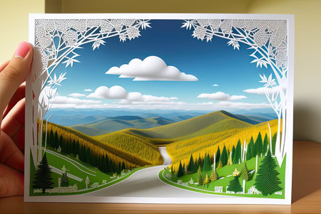 A majestic cartoon forest with lush plants, rolling hills and snow-capped mountains set beneath an awe-inspiring sky, papercut style. Ai-generated imageの素材