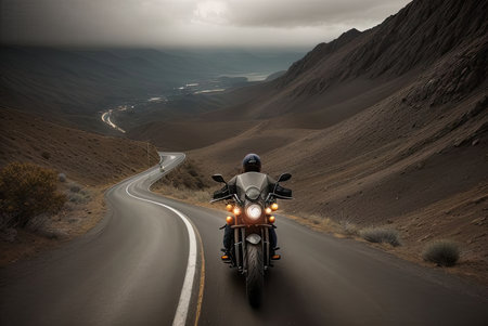 Riding motorcycle on dusk mountain road. AI-generated imageの素材
