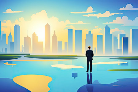 Silhouette of business people stood against a modern city skyline. AI-generated imageの素材