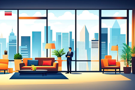 Silhouette of business people stood against a modern city skyline. AI-generated imageの素材
