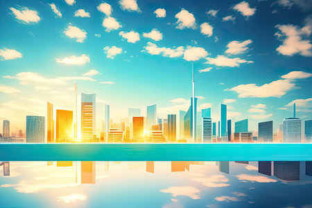 Silhouette of business people stood against a modern city skyline. AI-generated imageの素材