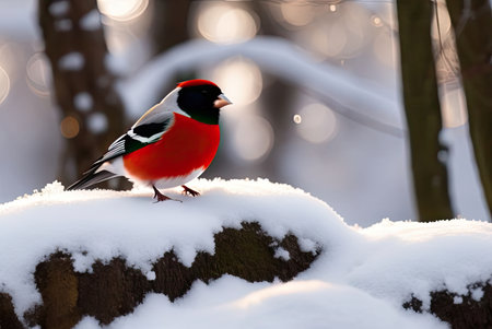 Bullfinch on a tree branch in the winter forest. Ai - generated imageの素材