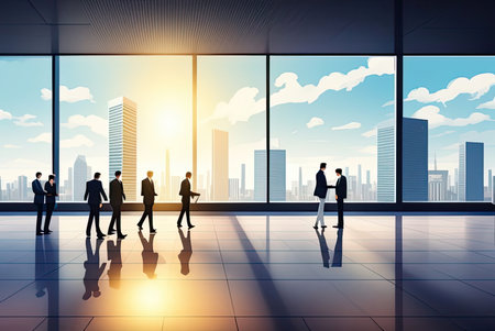 Silhouette of business people stood against a modern city skyline. AI-generated imageの素材
