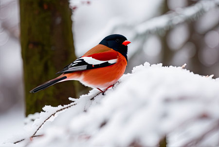 Bullfinch on a tree branch in the winter forest. Ai - generated imageの素材