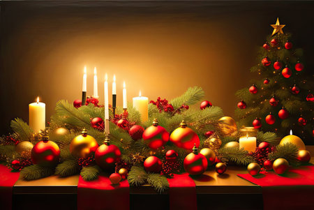 Christmas still life with candles, trees and gifts. Ai generated image.の素材