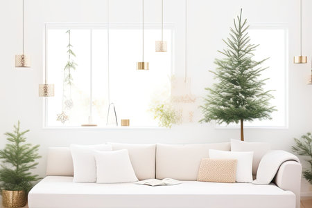 Festive interior with Christmas tree and gifts. Ai generated imageの素材