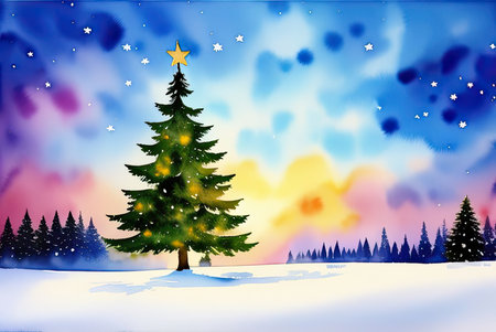 Winter forest landscape with christmas tree. Ai generated imageの素材
