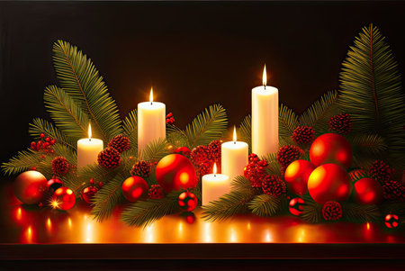 Christmas still life with candles, trees and gifts. Ai generated image.の素材