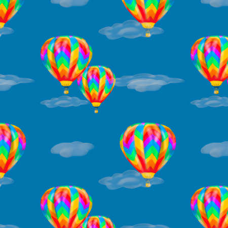 Digital hot air balloon on blue background with white clouds.の写真素材