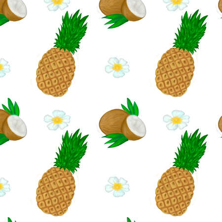 Digital pineapple seamless pattern with white flowers. Tropical wallpaper on a white background.の写真素材