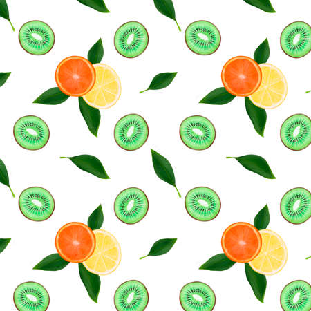 Digital lemons orange and kiwi seamless pattern with white flowers. Tropical wallpaper on a white background.の写真素材