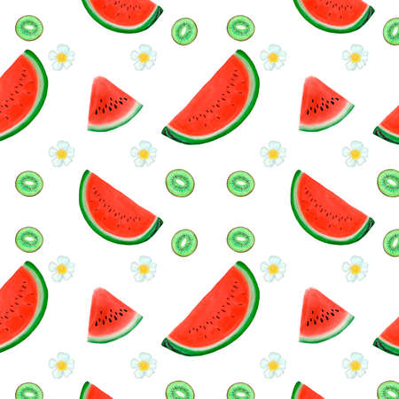 Digital watermelon and kiwi seamless pattern with white flowers. Tropical wallpaper on a white background.の写真素材