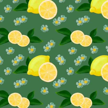 Digital lemons seamless pattern with white flowers. Tropical wallpaper on a dark green background.の写真素材