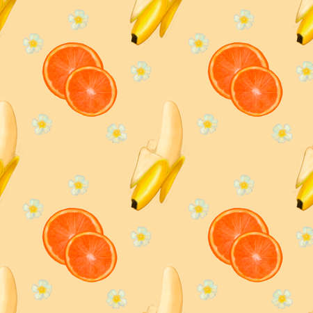 Digital banana and orange seamless pattern with white flowers. Tropical wallpaper on a orange light background.の写真素材