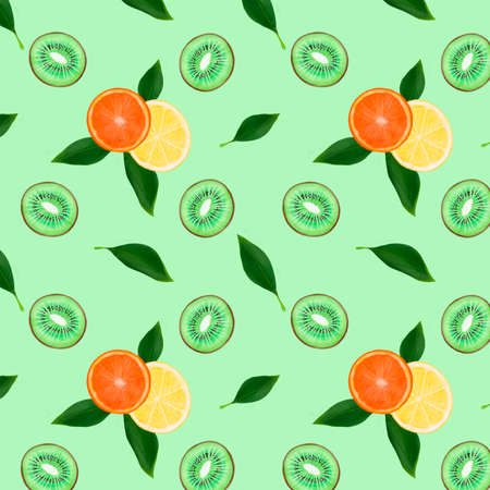 Digital lemons orange and kiwi seamless pattern with white flowers. Tropical wallpaper on a green...