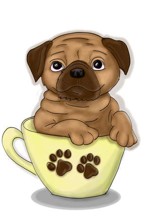 Digital pug puppy in a cup on white background.の写真素材