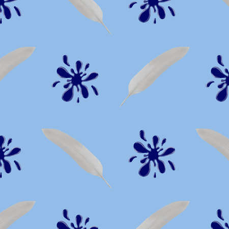Digital art.White feather and blue blot on a blue backgroundの写真素材