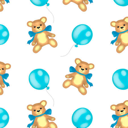 Digital art.Blue balloon and Bear on a white backgroundの写真素材