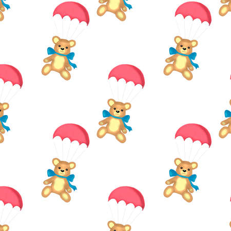 Digital art.Teddy bear on a pink parachute on a white backgroundの写真素材