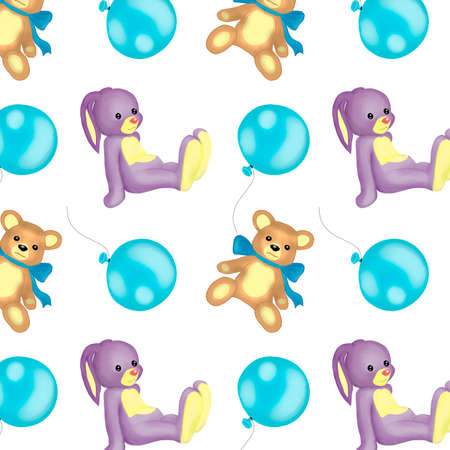 Digital art.Blue balloon and Lilac Bunny and Bear on a white backgroundの写真素材