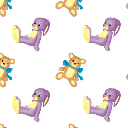 Digital art.Lilac Bunny and Teddy bear on a white backgroundの写真素材
