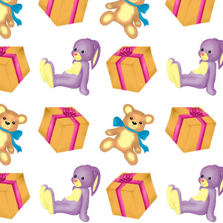 Digital art.Gift and Lilac Bunny and Bear on a white backgroundの写真素材