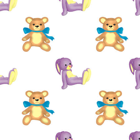 Digital art.Lilac Bunny and Teddy bear on a white backgroundの写真素材