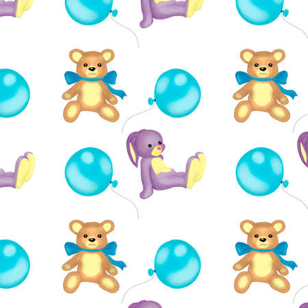 Digital art.Blue balloon and Lilac Bunny and Bear on a white backgroundの写真素材