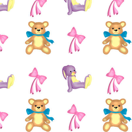 Digital art.Pink bow and Bunny and Bear on a white backgroundの写真素材