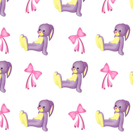 Digital art.Pink bow and Lilac Bunny on a white backgroundの写真素材