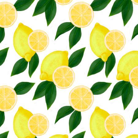 digital art, seamless patter, lemons on a white background, ideal for textiles, fabrics, wallpaper, paper for wrapping gifts.の写真素材