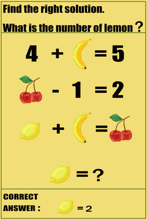 Tropical fruits on light yellow background.Digital art.Math assignment for children 6 years oldの写真素材