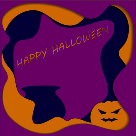 Orange pumpkin and dark blue cauldron on a background of multi-layered colored paper.のイラスト素材