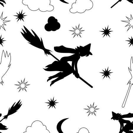 Witch on a broomstick, clouds, stars, moon on a white background Cute.のイラスト素材