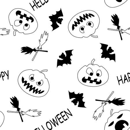 Pumpkin ,Bat, broom on a White Background Cute.Seamless black and white patternのイラスト素材