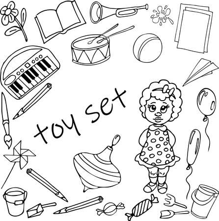 set of african american girl and toys. black outlineのイラスト素材