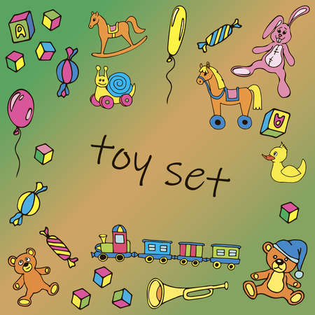 cute set of toys. multicolored image on a colored backgroundのイラスト素材