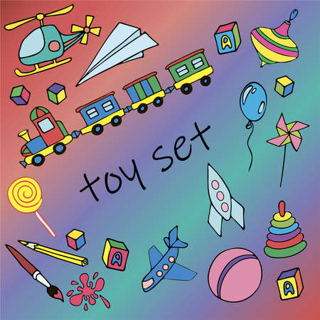 cartoon cute set of toys. multicolored image on a colored backgroundのイラスト素材
