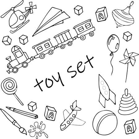 cartoon cute set of toys. black outlineのイラスト素材
