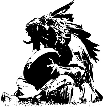 Indian shaman with bull head drums, illustrationのイラスト素材