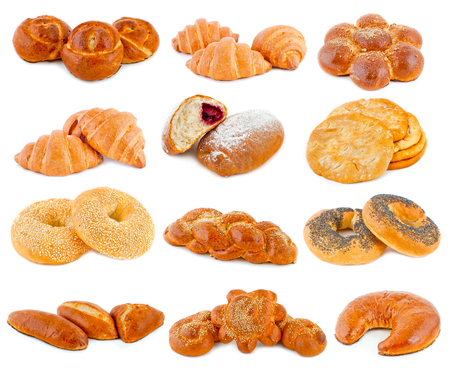 various kinds of bread, pastries and sweets on a white backgroundの写真素材