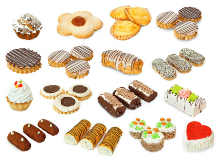 various kinds of bread, pastries and sweets on a white backgroundの写真素材