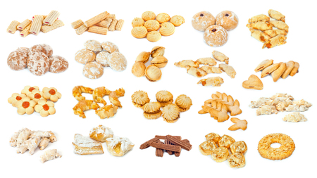 various kinds of bread, pastries and sweets on a white backgroundの写真素材
