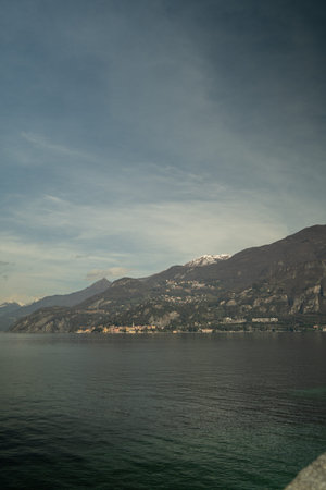 Lake Como, Italy. View from the sea to the mountainsの写真素材