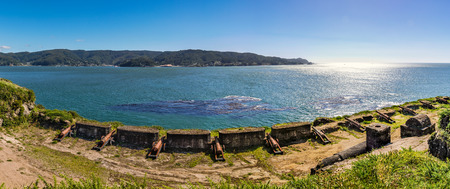 Cannons in the Spanish fortress in Niebla, Valdivia, Patagonia, Chileの写真素材