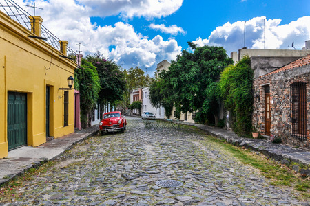 One of the cobblestone streets of Colonia del Sacramento, a colonial city in Uruguay.の写真素材
